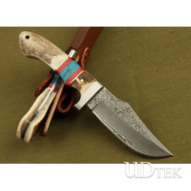 Damascus steel antler inserted two-color wood handle full tang collection straight knife DKH27 demon top UD05086 
